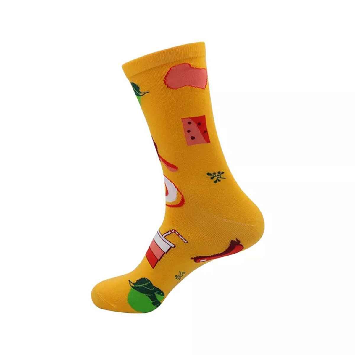 Pizza socks by Shaketea, yellow crew socks with cheese slice and drink prints on Tampa Home & Garden Store