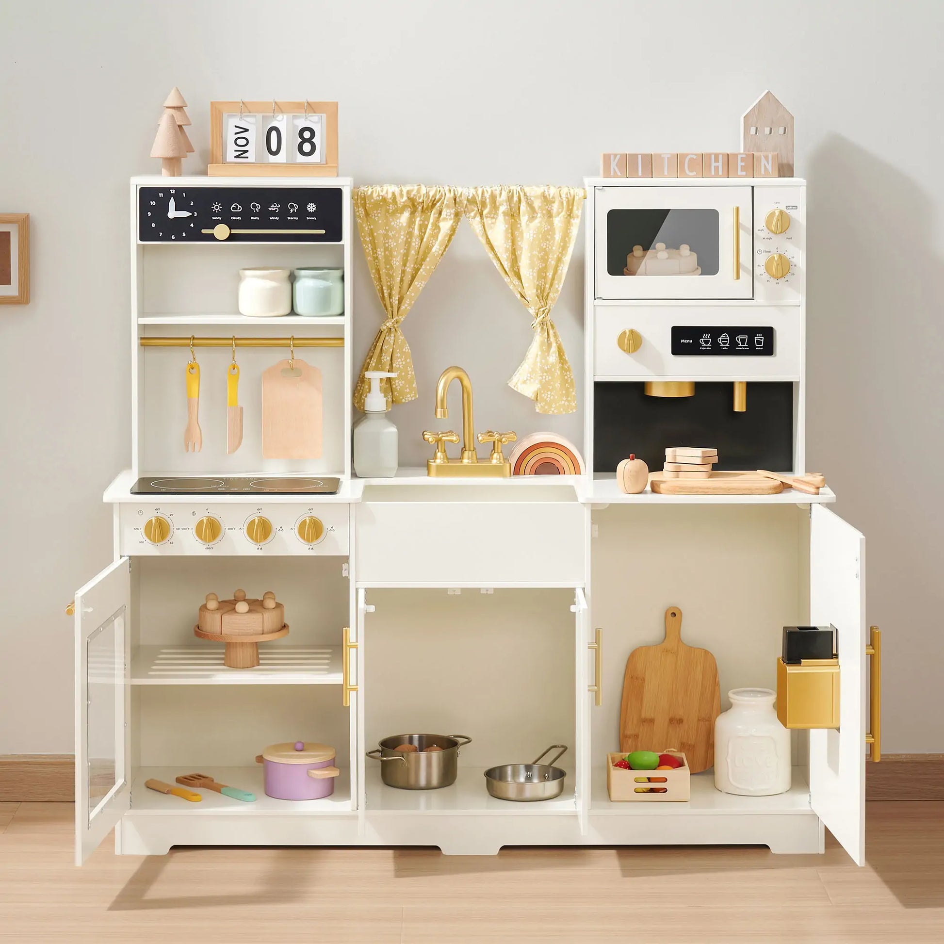 Tiny Land Iconic wooden play kitchen cream finish with stove, oven doors and wooden utensils on Tampa Home & Garden Store