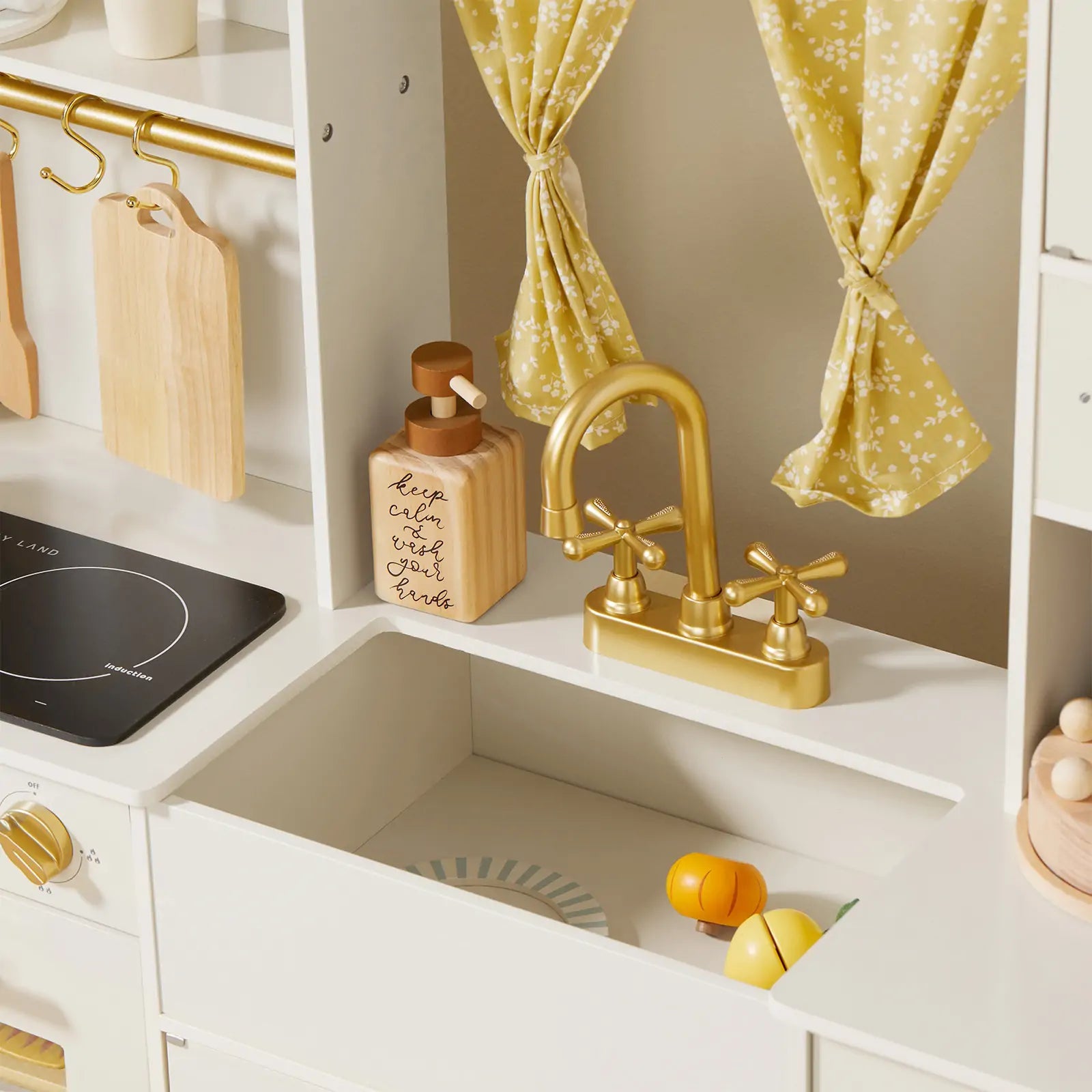 Tiny Land Iconic Wooden Play Kitchen cream with gold faucet and wooden utensils on Tampa Home & Garden Store