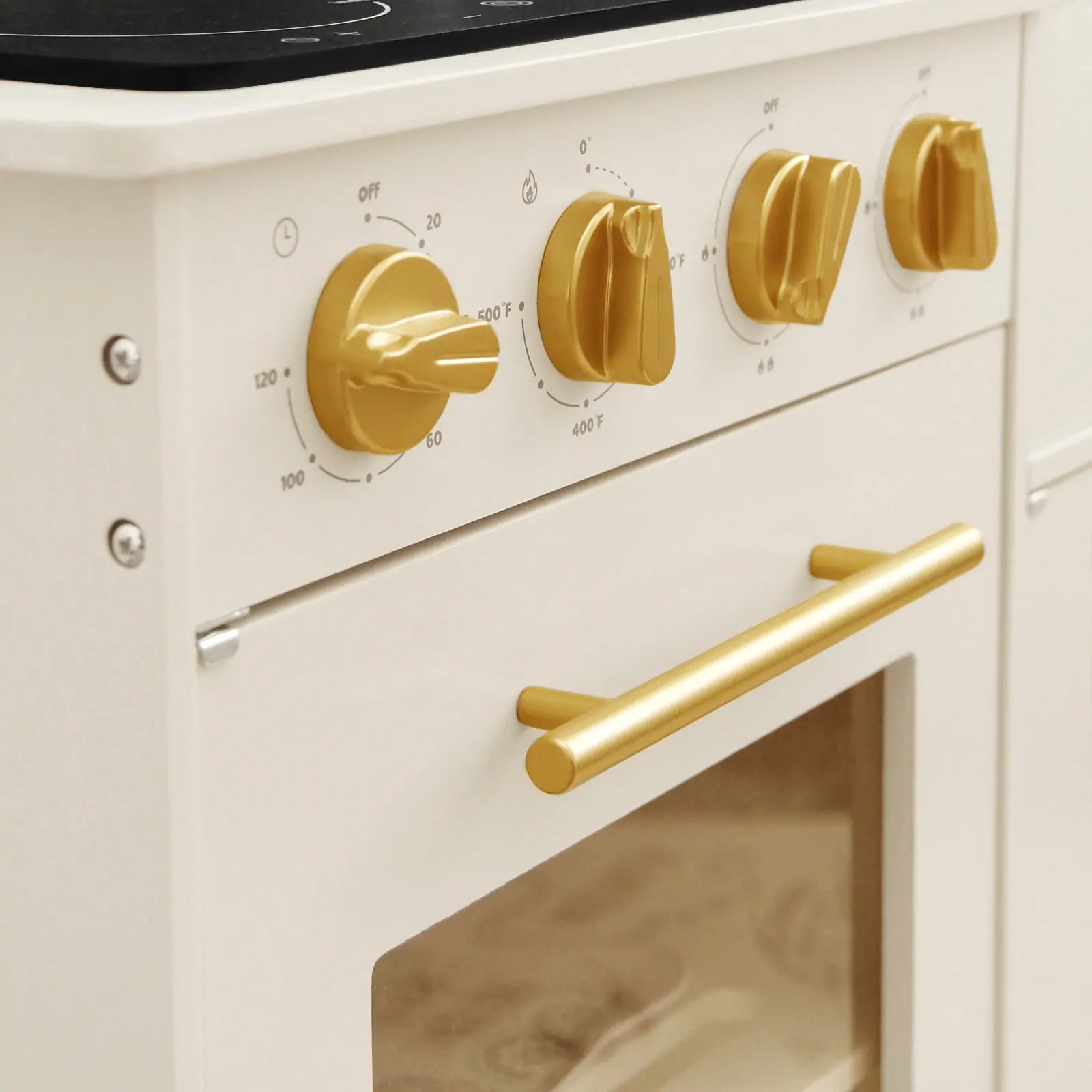 Tiny Land INC Iconic Wooden Play Kitchen cream finish with four gold knobs and handle on Tampa Home & Garden Store