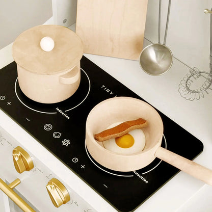 Tiny Land Iconic Wooden Play Kitchen cream stove with wooden pot, lid, egg and ladle on Tampa Home & Garden Store