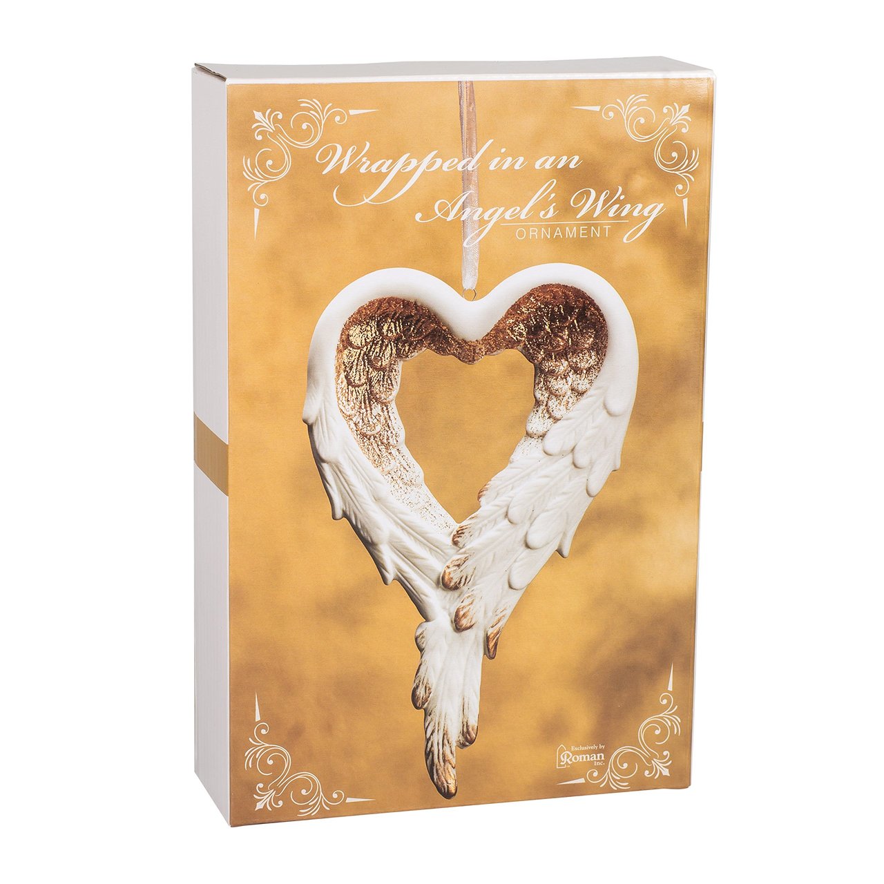 Ornement en porcelaine dorée en forme de cœur enveloppé d'ailes d'ange