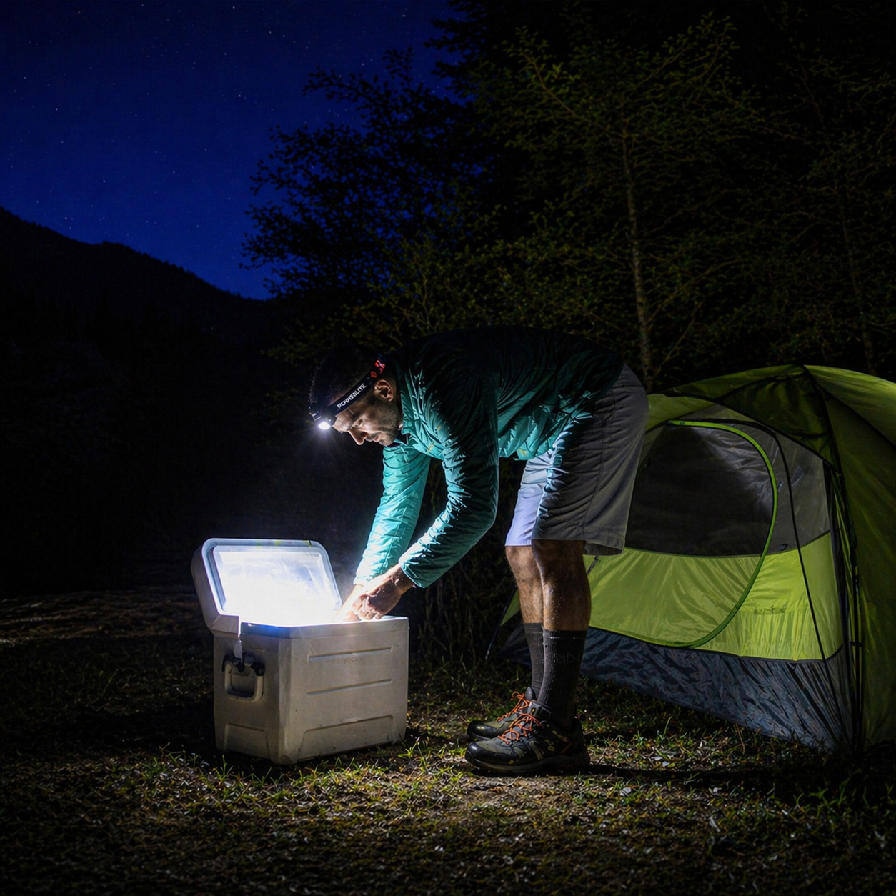 Powerlite Versa headlamp by Killz Products, bright LED beam at campsite beside cooler on Tampa Home & Garden Store