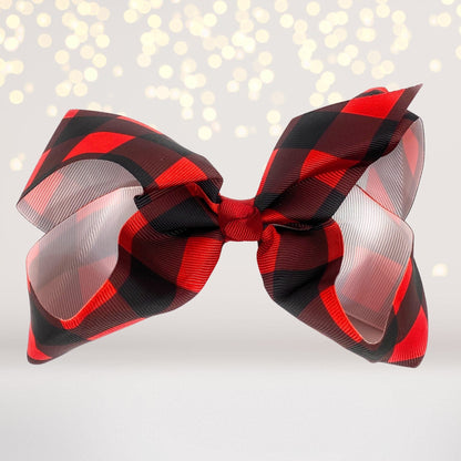 Plaid buffalo check hair bow, 6-inch grosgrain lumberjack ribbon in red and black on Tampa Home & Garden Store