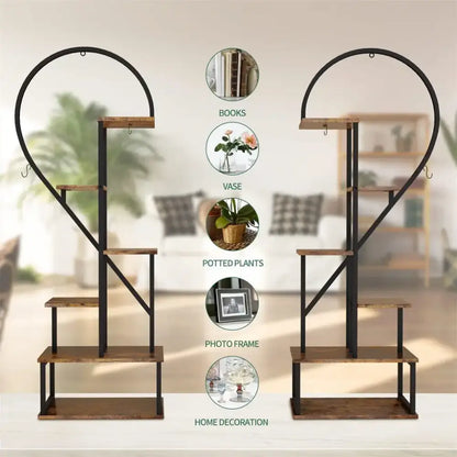 Decorbites Black Heart Flower Rack with black metal arches and wooden steps for indoor plants on Tampa Home & Garden Store