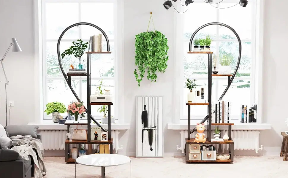 Black Heart Flower Rack by Decorbites, two heart-shaped frame plant shelves with wood tiers on Tampa Home & Garden Store