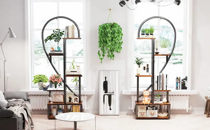 Black Heart Flower Rack by Decorbites, two heart-shaped frame plant shelves with wood tiers on Tampa Home & Garden Store