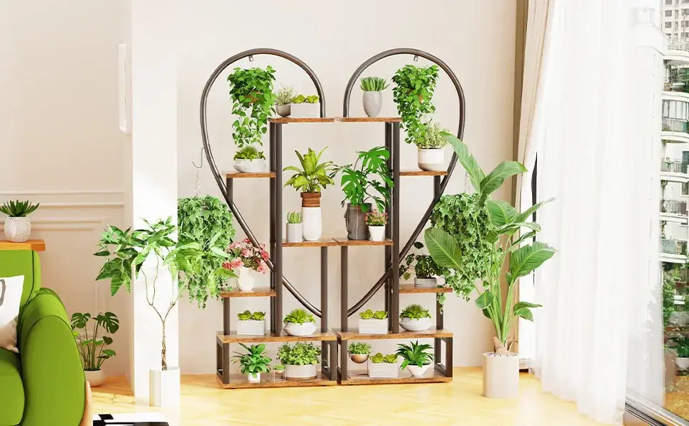Black Heart Flower Rack plant stand by Decorbites with wooden shelves and multiple potted plants on Tampa Home & Garden Store