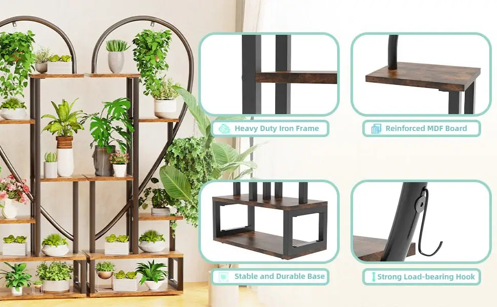 Black Heart Flower Rack by Decorbites plant stand with wooden shelves and iron frame on Tampa Home & Garden Store