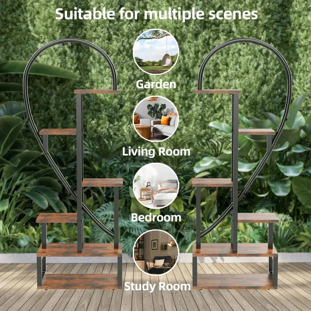 Black heart-shaped flower rack with dark metal frame and wooden shelves Decorbites on Tampa Home & Garden Store