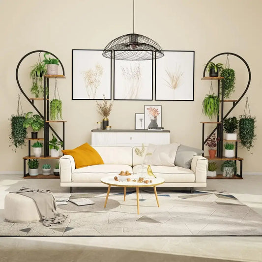 Pair of Black Heart Flower Racks with black metal heart frames and wooden shelves on Tampa Home & Garden Store