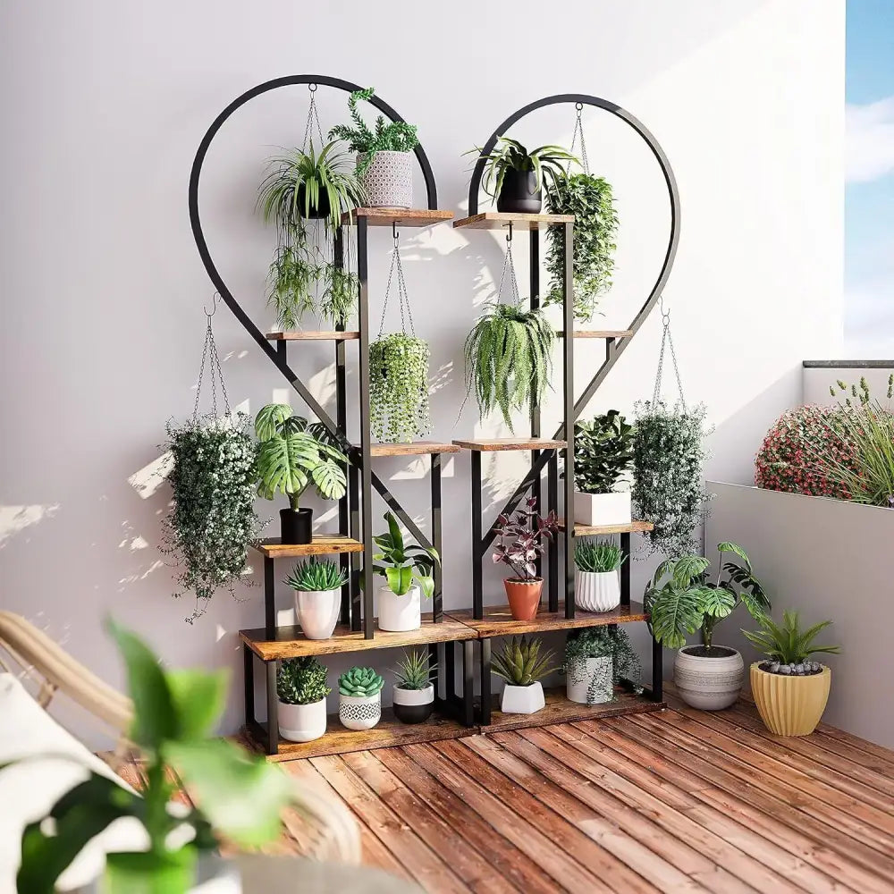 Black Heart Flower Rack with wood shelves and hanging plants by Decorbites on Tampa Home & Garden Store