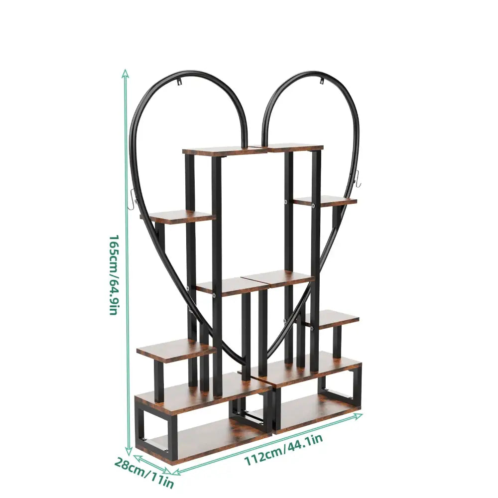 Black heart-shaped flower rack with wooden shelves and metal frame by Decorbites on Tampa Home & Garden Store