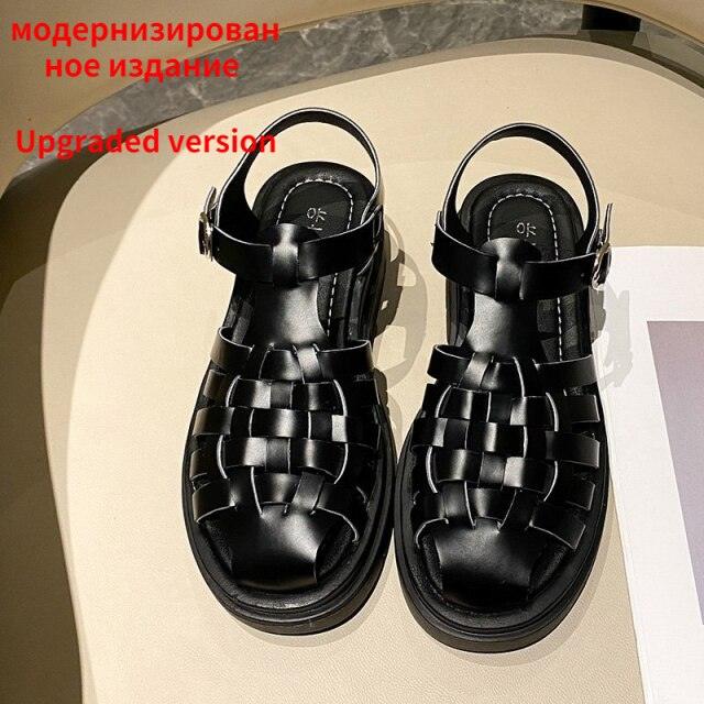 Stevvex women's black platform sandals with woven straps, open toe, ankle buckle pair on Tampa Home & Garden Store