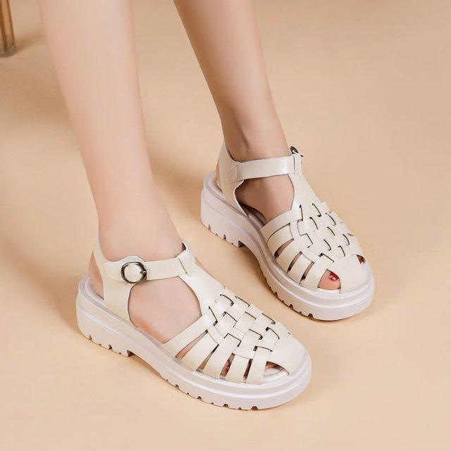 Platform women's sandals with woven white straps, ankle buckle, thick sole pair by Stevvex on Tampa Home & Garden Store