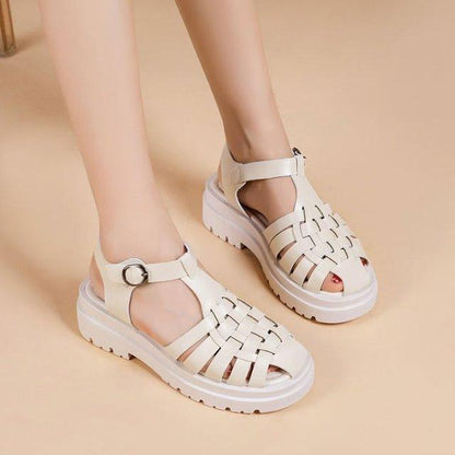 Platform women's sandals with woven white straps, ankle buckle, thick sole pair by Stevvex on Tampa Home & Garden Store