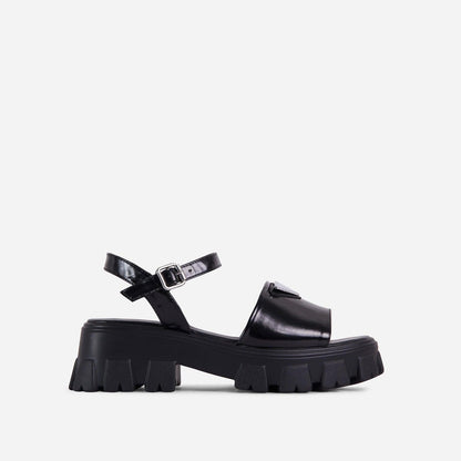Stevvex platform women's sandals black patent leather buckle ankle strap open toe thick chunky sole on Tampa Home & Garden Store