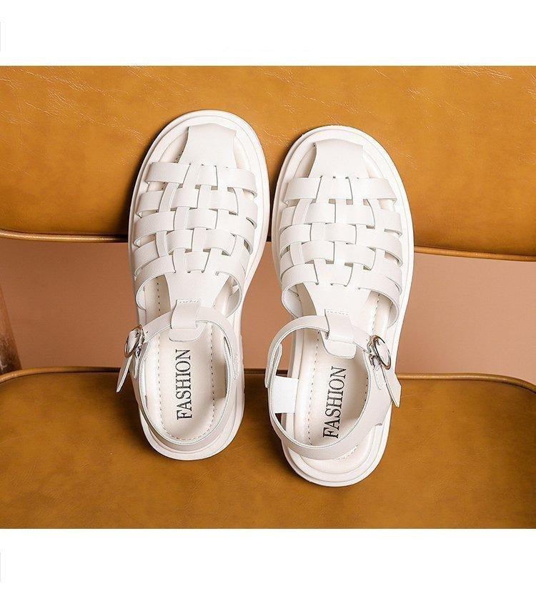 White woven platform sandals for women with open toe and ankle buckle strap, thick sole on Tampa Home & Garden Store