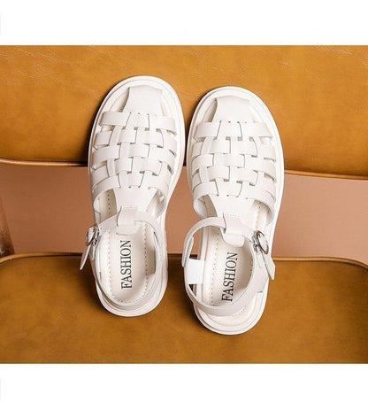 White woven platform sandals for women with open toe and ankle buckle strap, thick sole on Tampa Home & Garden Store