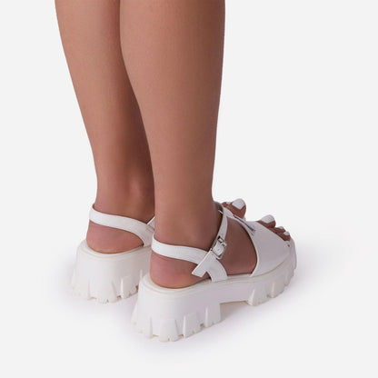 Platform white sandals with buckle ankle strap and chunky sole by Stevvex on Tampa Home & Garden Store