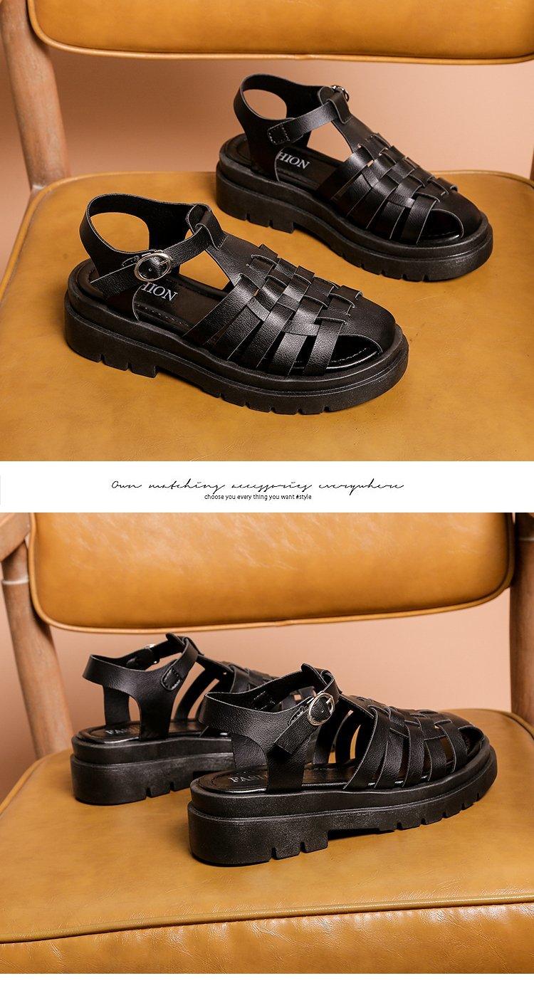 Platform sandals in black with woven straps, open toe and ankle buckle, chunky sole Stevvex on Tampa Home & Garden Store