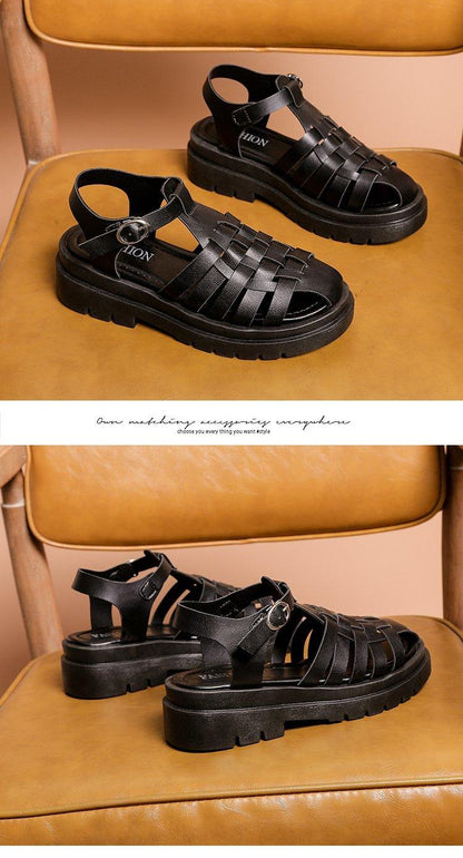 Platform sandals in black with woven straps, open toe and ankle buckle, chunky sole Stevvex on Tampa Home & Garden Store