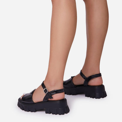 Platform women's black patent sandals with buckle ankle strap, open toe, thick platform sole on Tampa Home & Garden Store