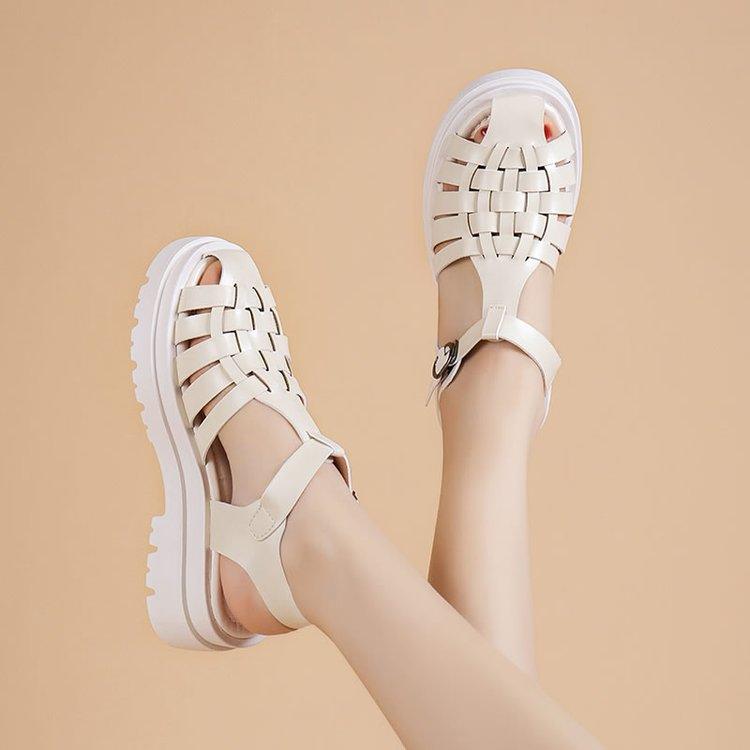 Stevvex platform women's sandals cream woven open-toe ankle-strap buckle pair on Tampa Home & Garden Store