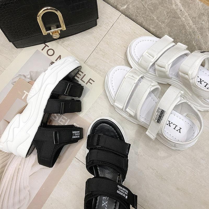 Stevvex platform women's sandals with chunky sole, white and black Velcro straps on Tampa Home & Garden Store