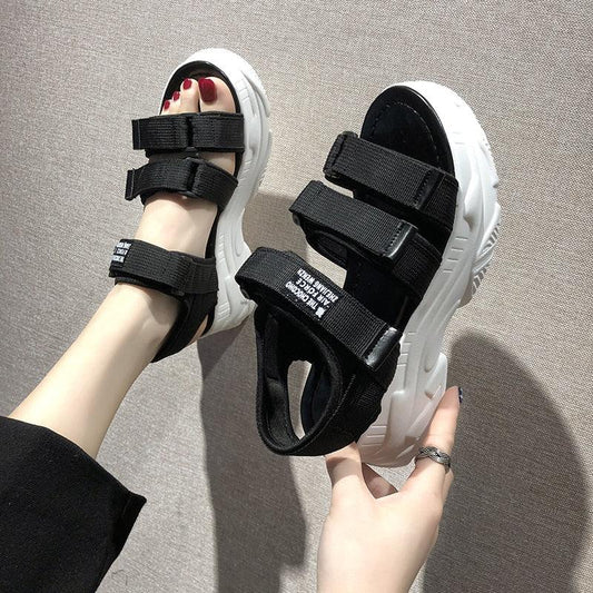 Stevvex platform sandals for women with black Velcro straps and chunky white sole, two sandals shown on Tampa Home & Garden Store