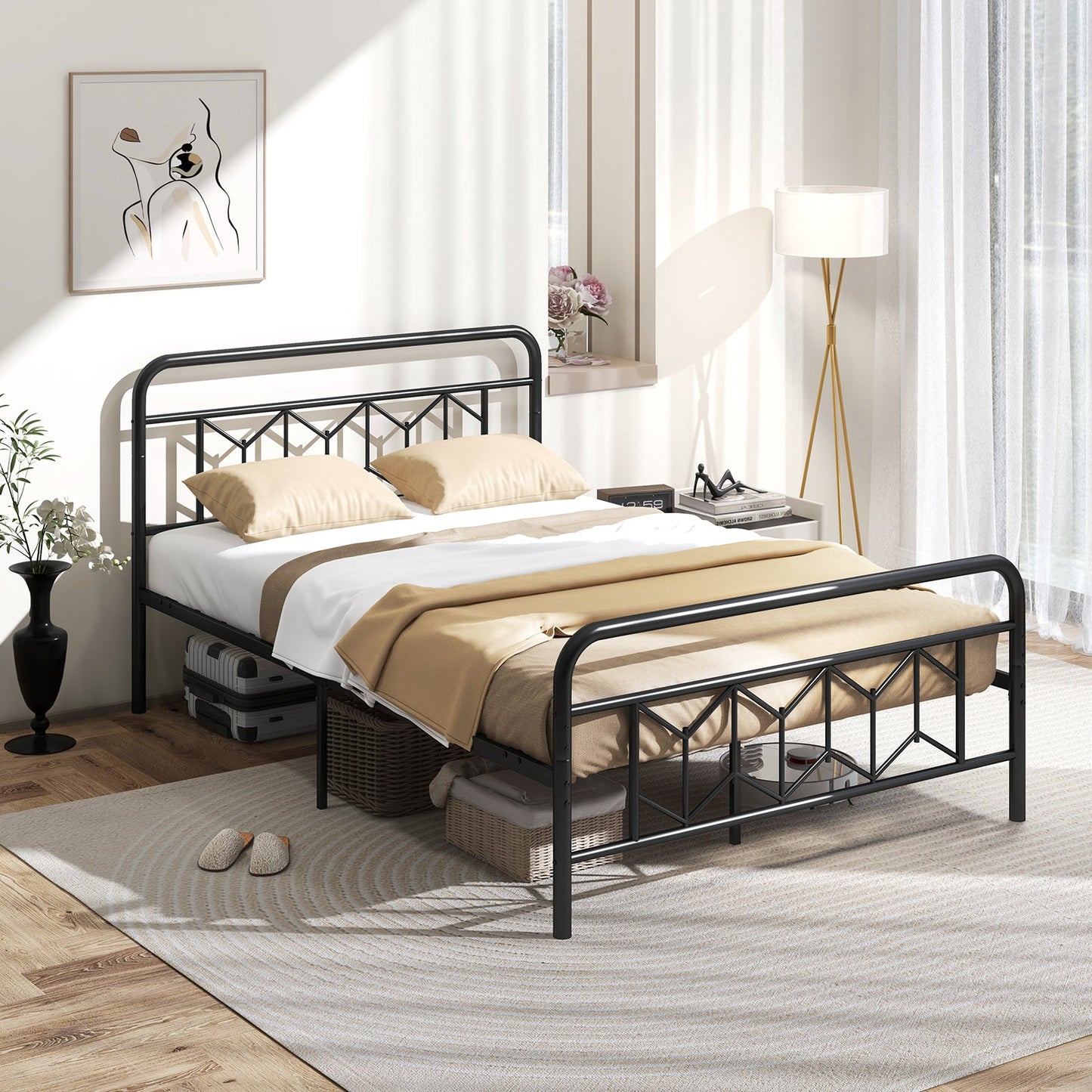 Cama de plataforma con cabecero alto y listones metálicos Snap Lock-Tamaño matrimonial
