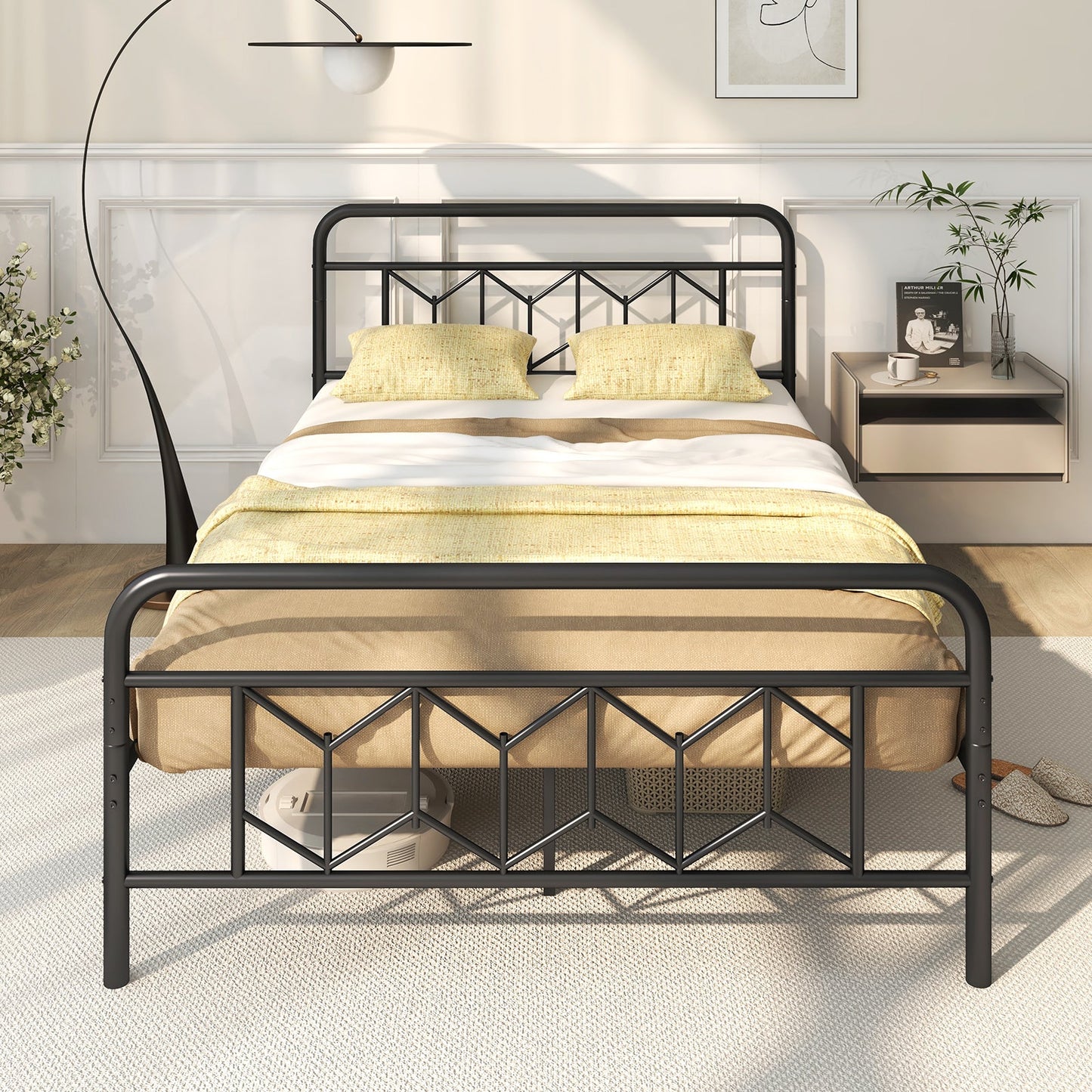 Cama de plataforma con cabecero alto y listones metálicos Snap Lock-Tamaño matrimonial