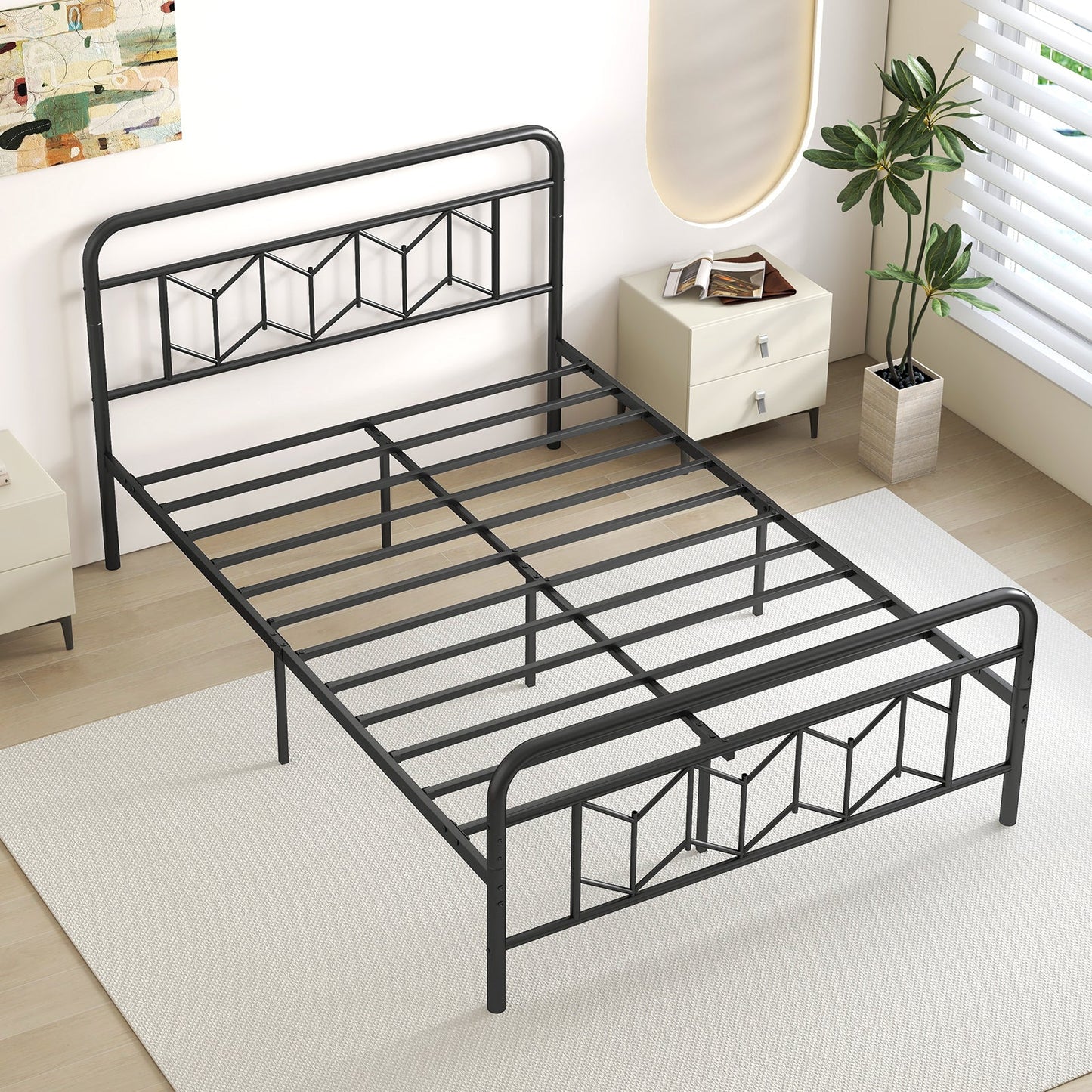 Cama de plataforma con cabecero alto y listones metálicos Snap Lock-Tamaño matrimonial