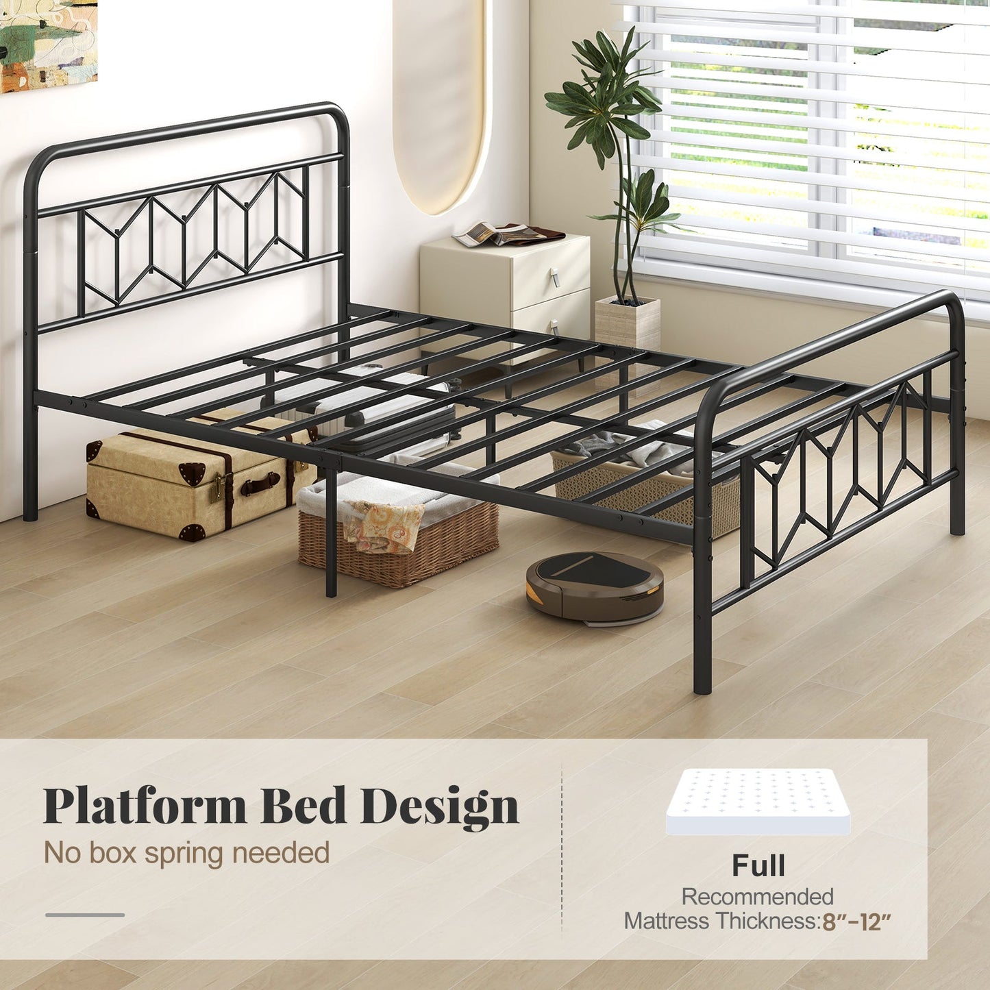 Cama de plataforma con cabecero alto y listones metálicos Snap Lock-Tamaño matrimonial
