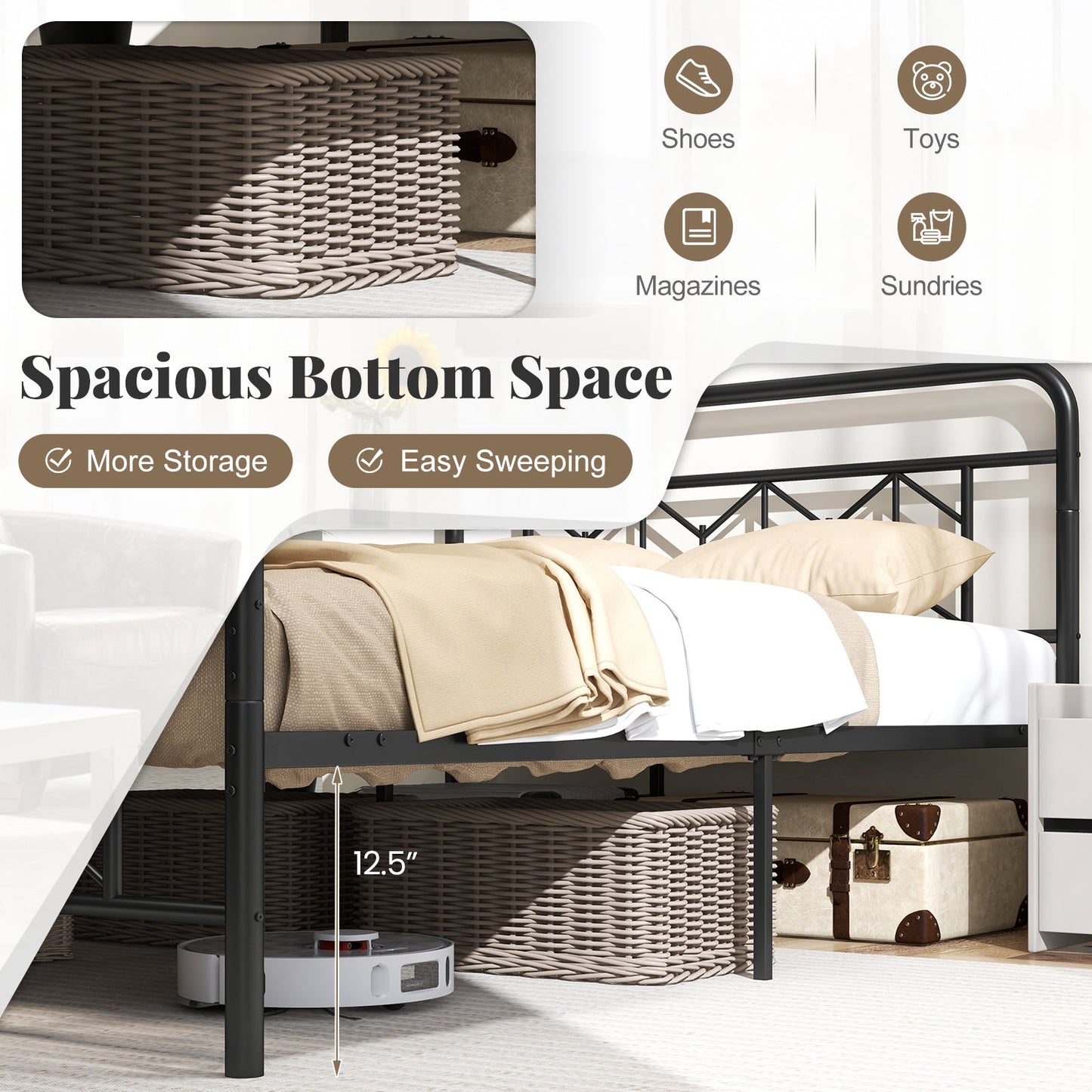 Cama de plataforma con cabecero alto y listones metálicos Snap Lock-Tamaño matrimonial