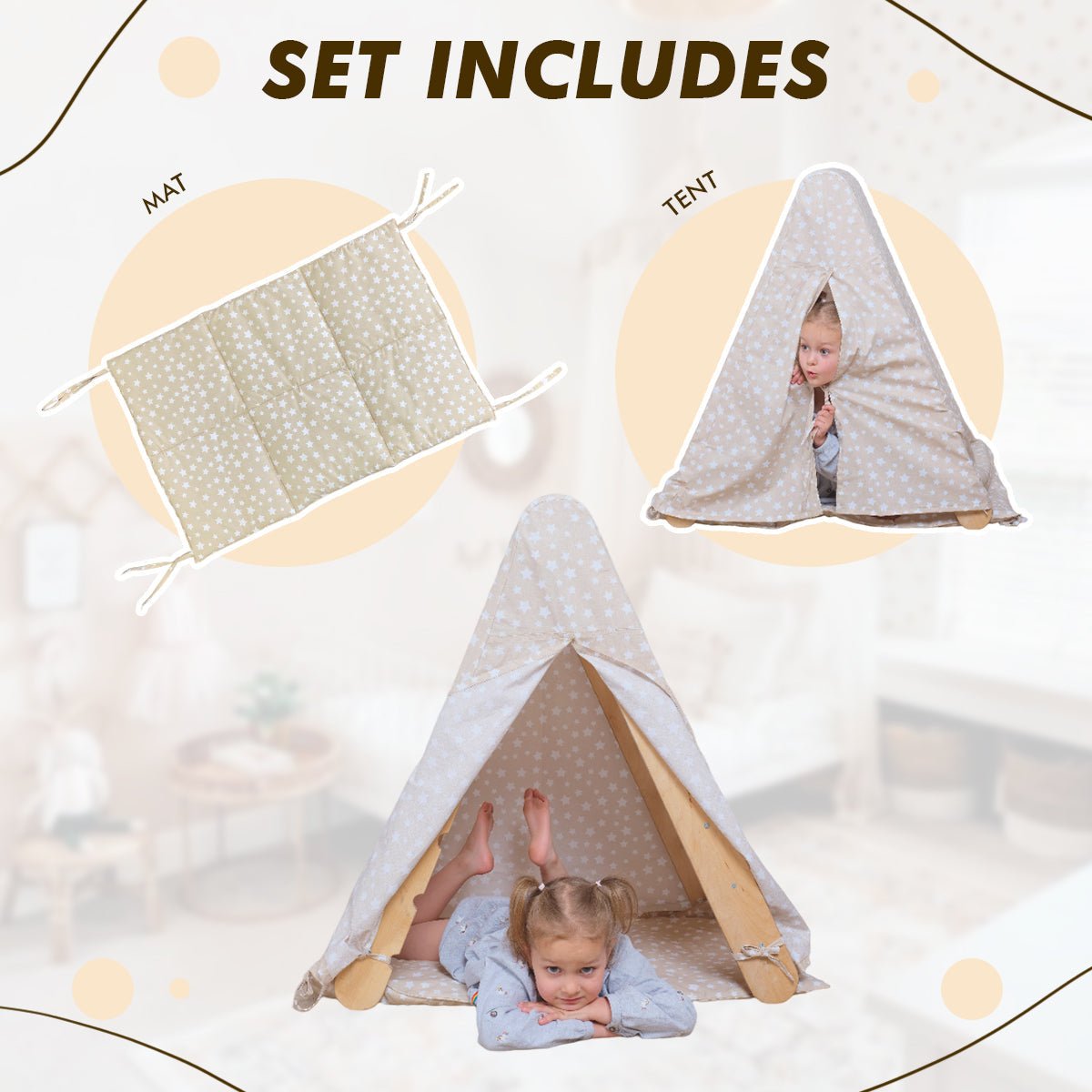 Goodevas Play Tent Cover with Mat for Climbing Triangle Ladder beige star print set on Tampa Home & Garden Store