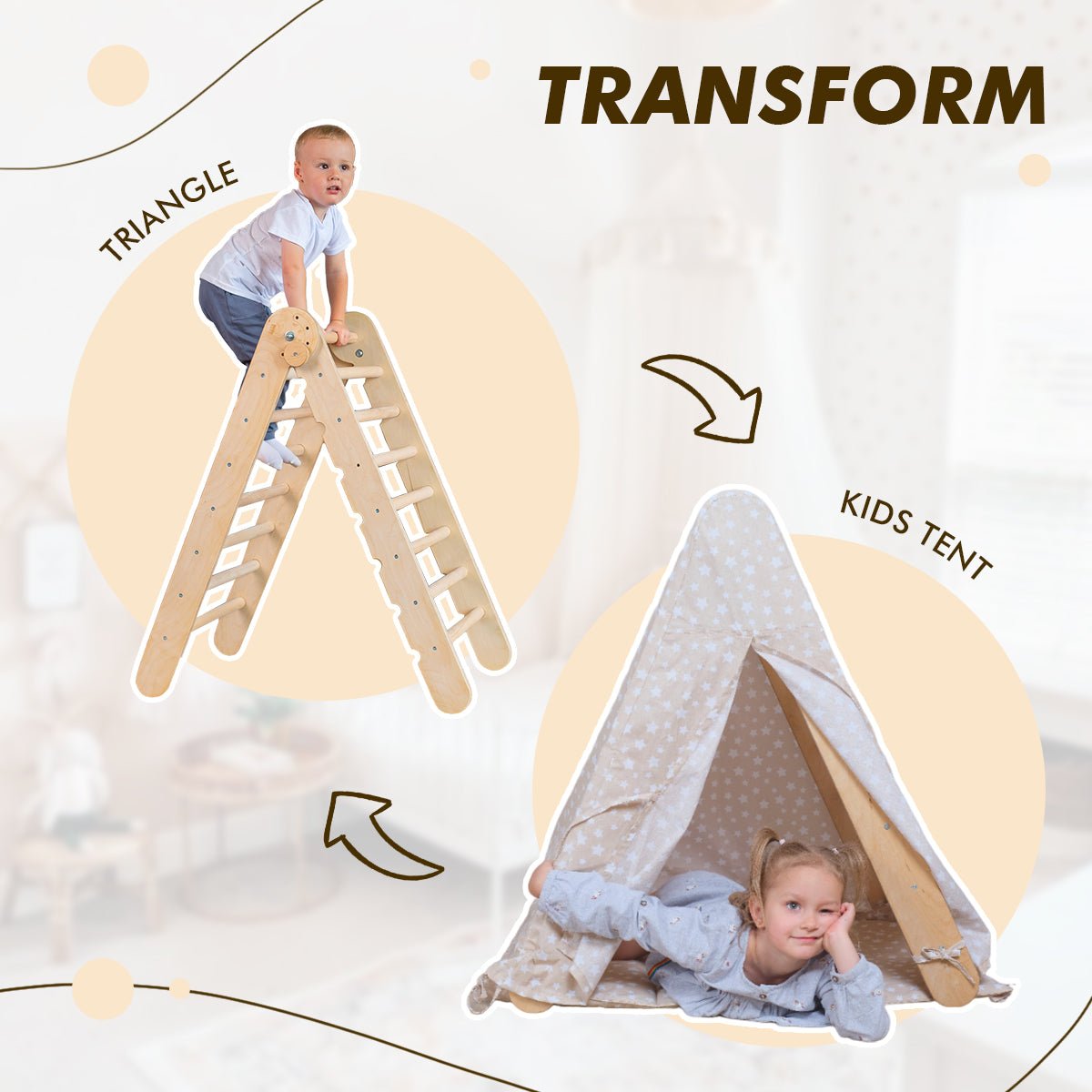 Play tent cover with mat for climbing triangle ladder beige wood ladder and star teepee Goodevas on Tampa Home & Garden Store