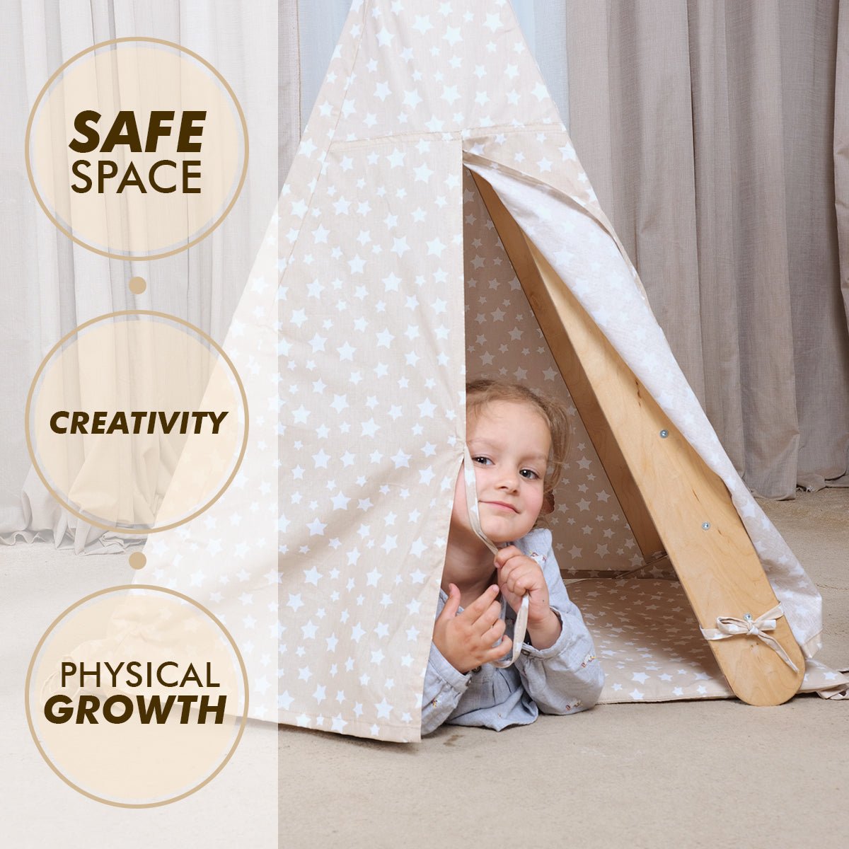 Play Tent Cover with Mat for Climbing Triangle in beige star fabric on wood frame Goodevas on Tampa Home & Garden Store