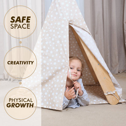 Play Tent Cover with Mat for Climbing Triangle in beige star fabric on wood frame Goodevas on Tampa Home & Garden Store