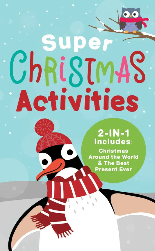 Super Christmas Activities children's book cover with penguin in a red scarf on Tampa Home & Garden Store