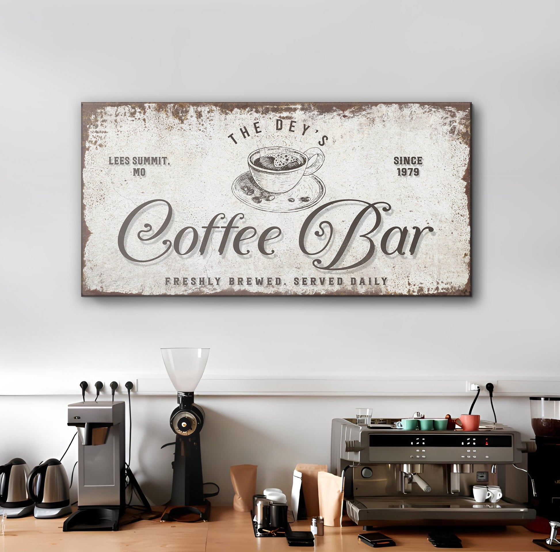 Coffee Bar Sign canvas print with rustic cream background and coffee cup illustration on Tampa Home & Garden Store