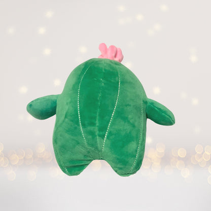 Plush Cactus Pillow green fabric with pink flower top and white stitching stuffed decor on Tampa Home & Garden Store