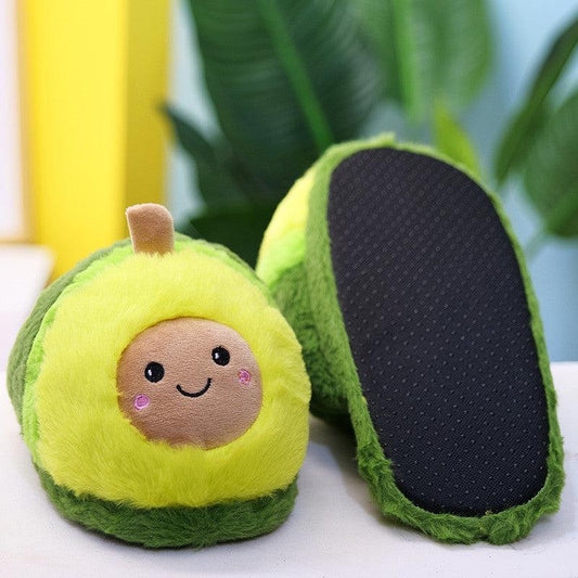 Stevvex plush avocado slippers pair with fuzzy lime-green exterior and cute smile on Tampa Home & Garden Store