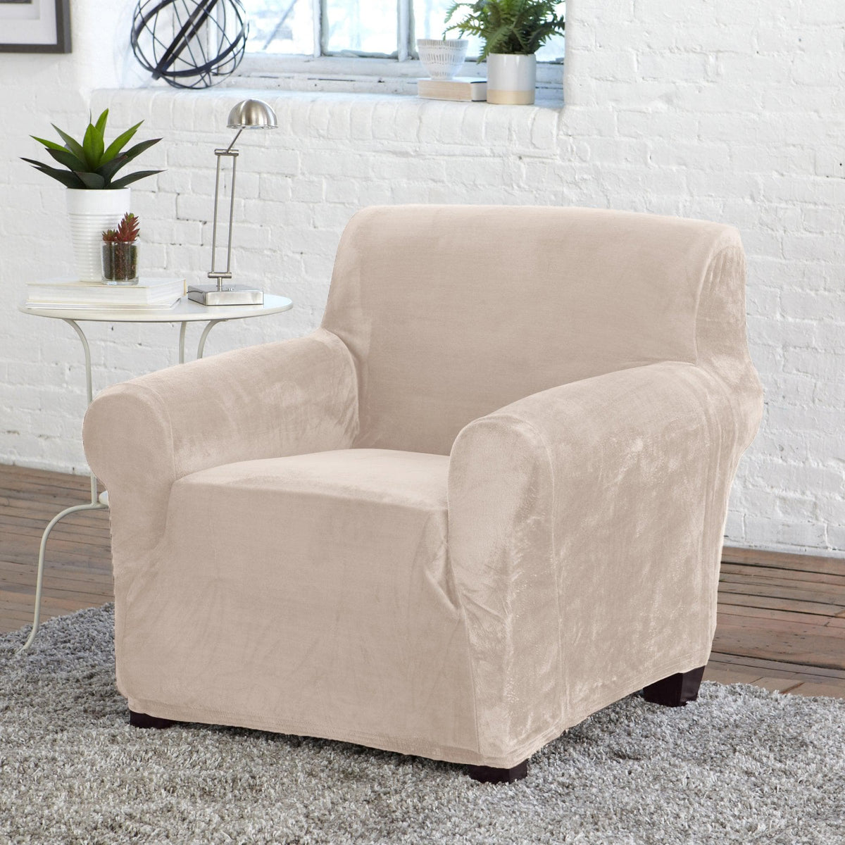 Velvet Stretch Slipcover Gale Collection beige sofa chair cover Great Bay Home on Tampa Home & Garden Store