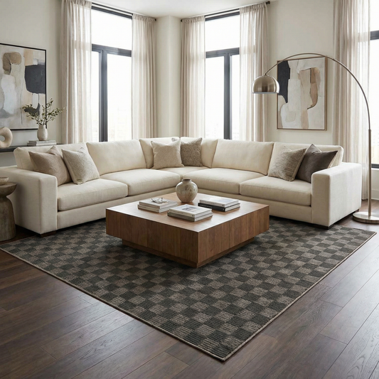 Truls 3D Checkered Washable Rug Black in modern living room under beige sectional on Tampa Home & Garden Store