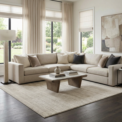 Nate Beige Tribal High Pile Carpet Boutique Rugs in a neutral living room on Tampa Home & Garden Store