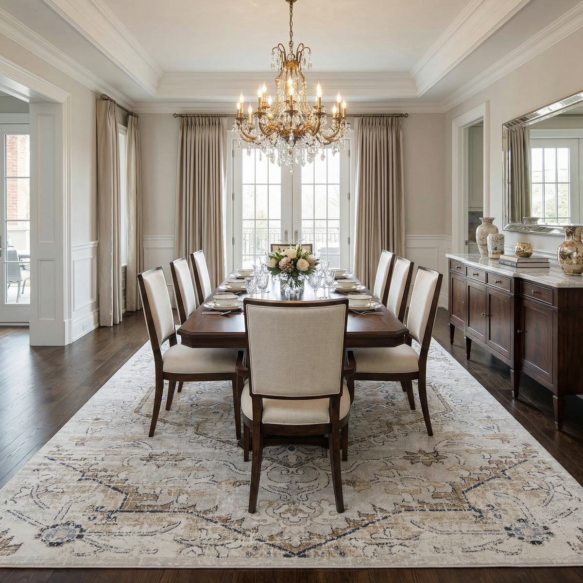 Mudgee Area Rug beige ivory with scroll pattern under dining table Boutique Rugs on Tampa Home & Garden Store