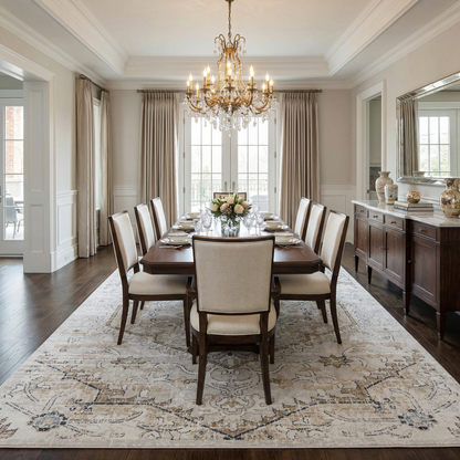 Mudgee Area Rug beige ivory with scroll pattern under dining table Boutique Rugs on Tampa Home & Garden Store