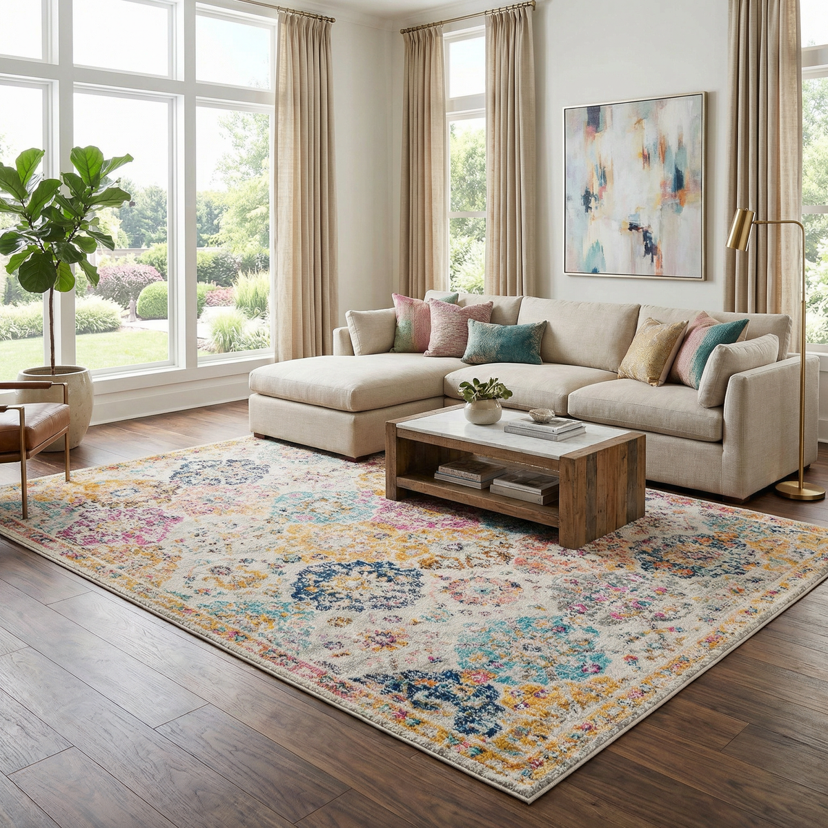 Custar Colorful Area Rug by Boutique Rugs with a multicolor abstract pattern in a living room on Tampa Home & Garden Store