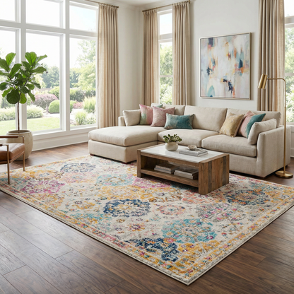 Custar Colorful Area Rug by Boutique Rugs with a multicolor abstract pattern in a living room on Tampa Home & Garden Store